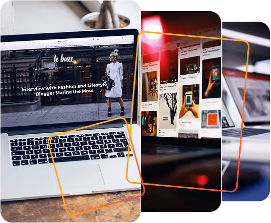 Laptop on wooden table with fashion blog page and layered images of digital screens in background.