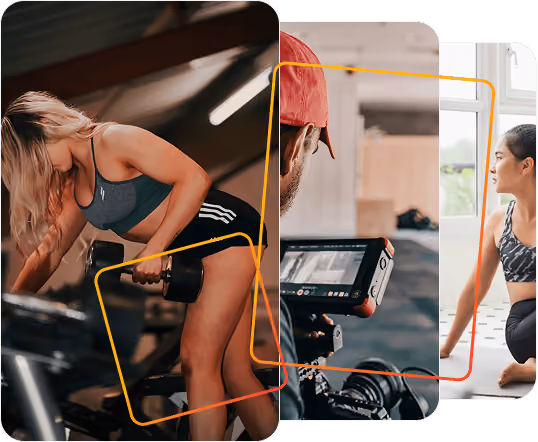 Woman lifting dumbbells in gym, man filming with camera, and woman stretching by a window.
