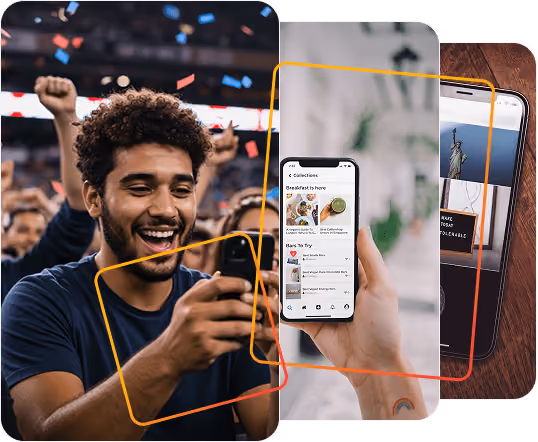 Person cheering while looking at their phone with two other phone screenshots overlapping on the right.