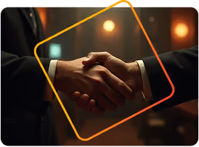 Two people in suits shaking hands with a glowing square outline around the handshake.