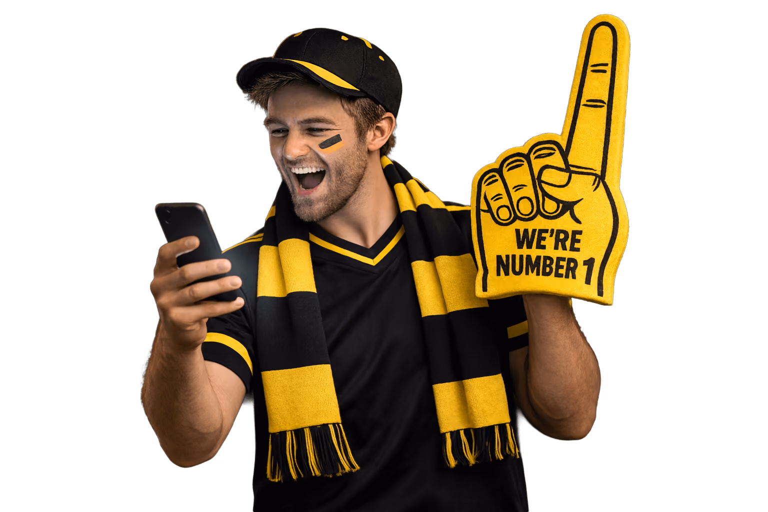 Excited sports fan in black and yellow wears scarf and foam finger saying We're Number 1, holding a phone.