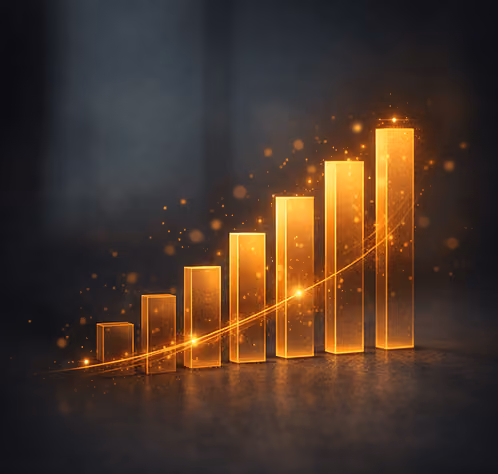 Glowing golden bar chart with six ascending bars and a curved upward trend line on a dark background.