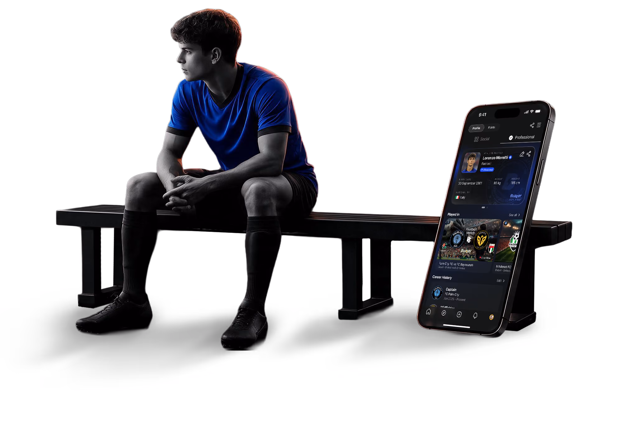 A young male athlete in blue sportswear sitting on a bench next to a large smartphone with a sports app open.