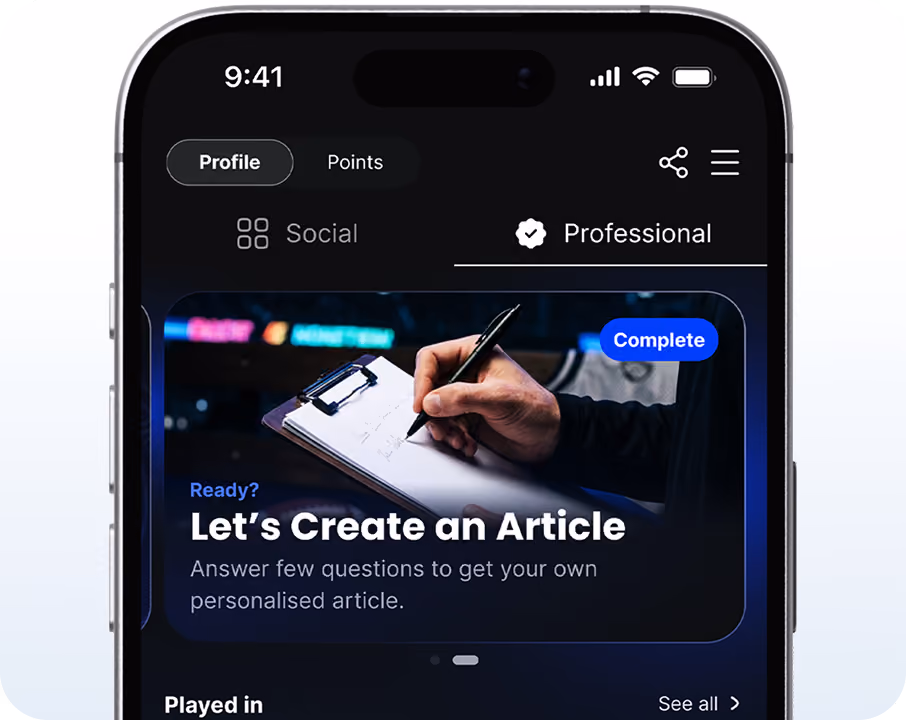 Mobile app screen showing prompt to create a personalized article with a hand writing on a clipboard.