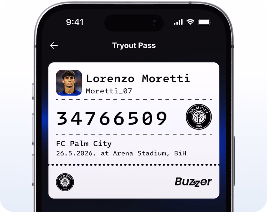 Digital tryout pass on phone for Lorenzo Moretti, FC Palm City, event on 26.5.2026 at Arena Stadium.