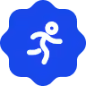 White running person icon inside a blue eight-pointed star shape.