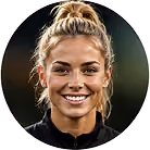 Smiling woman with blonde hair in a bun wearing a black top against a dark background.