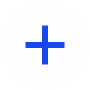 Blue plus sign centered on a white circular background with black pixelated edges.