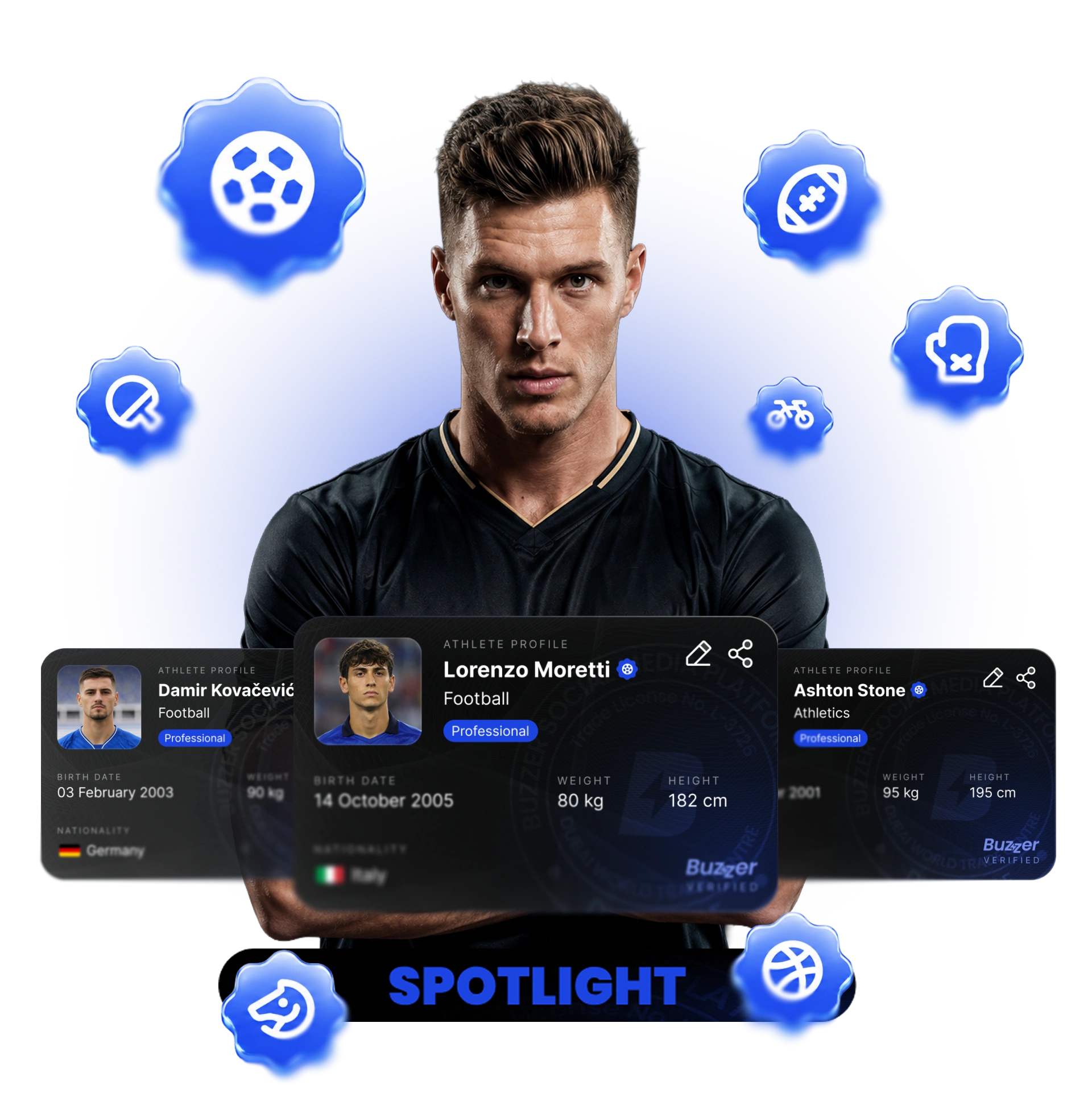 Man in black sportswear with athlete profiles and blue sports icons around, with word Spotlight below.