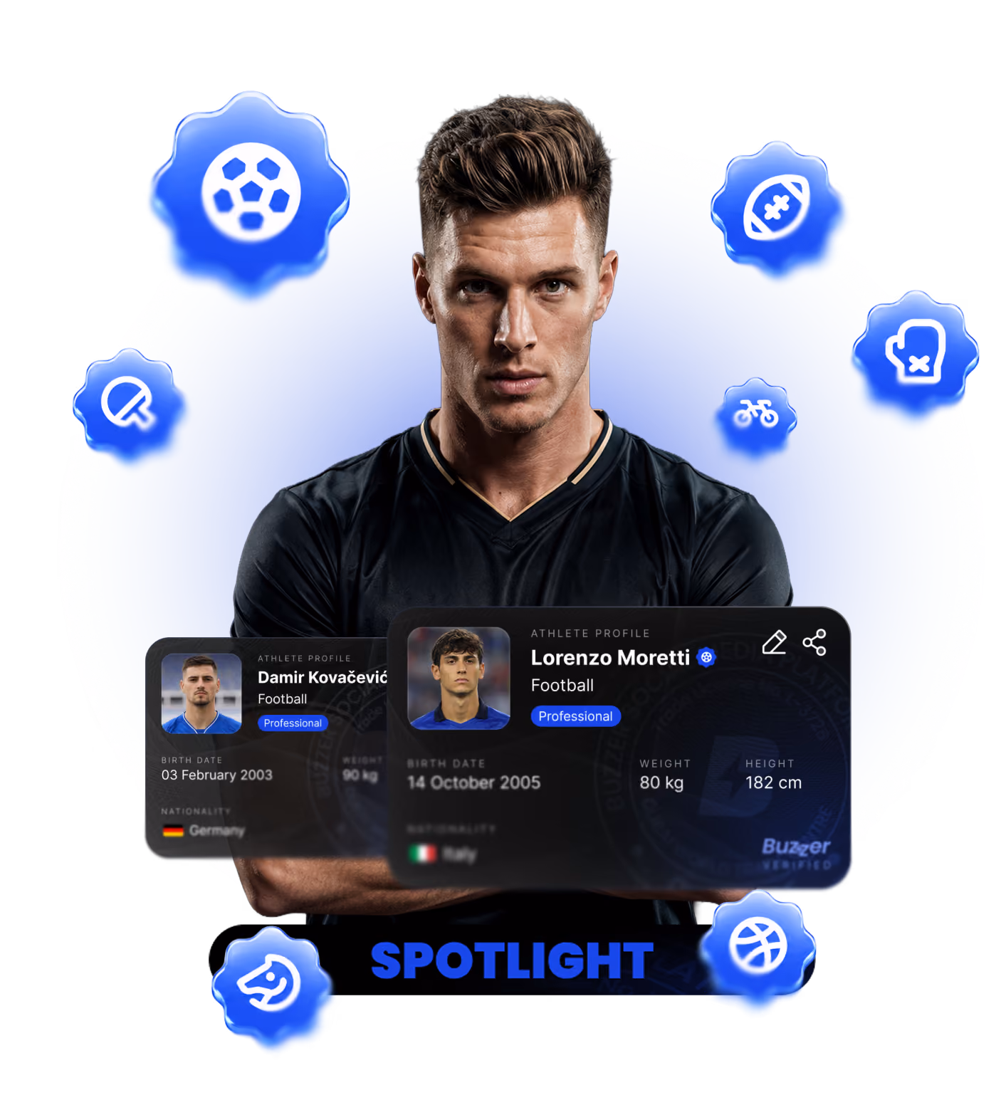 Man in black shirt with two football player profiles for Damir Kovačević and Lorenzo Moretti and sports icons.