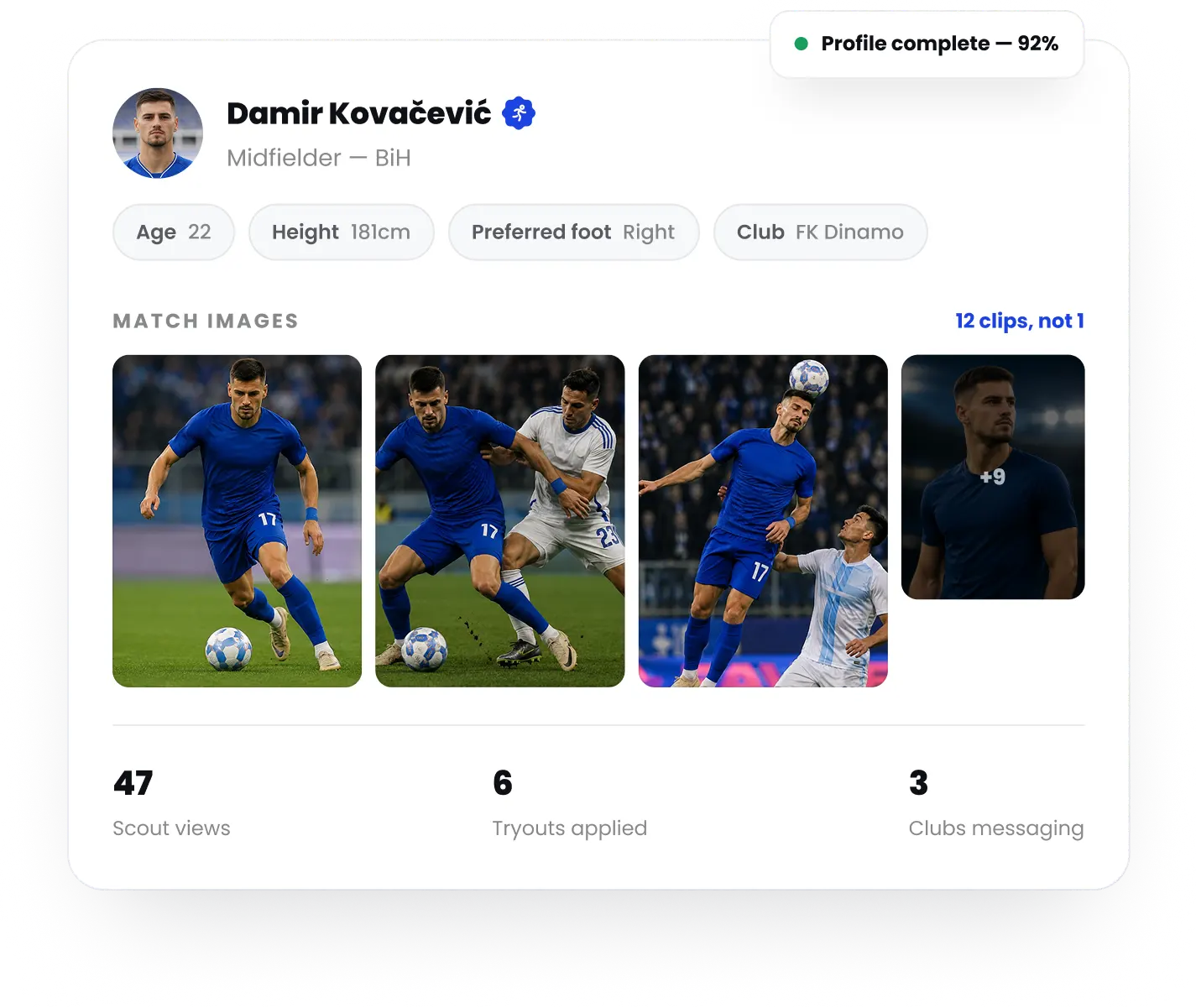 Profile of Damir Kovačević, 22-year-old midfielder for FK Dinamo with match action images and stats.
