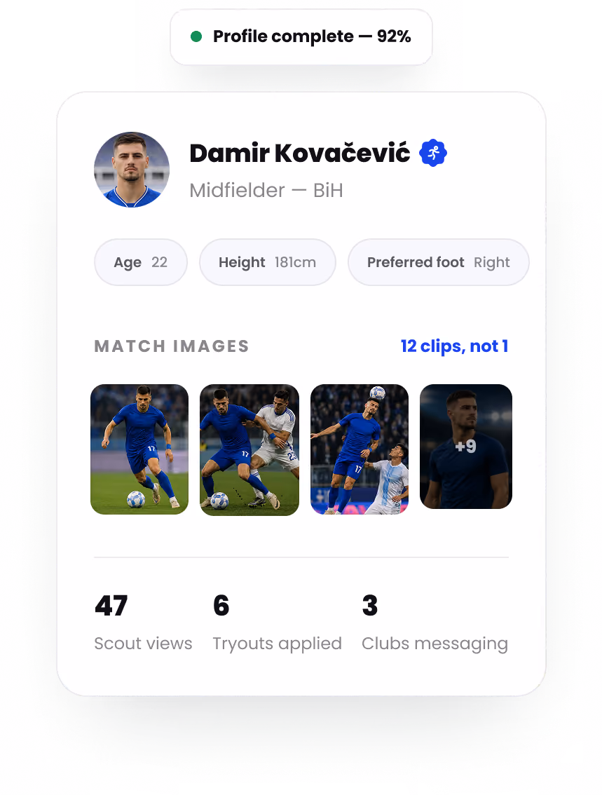 Soccer player Damir Kovačević profile with age 22, height 181cm, right foot, and match images in blue kit.