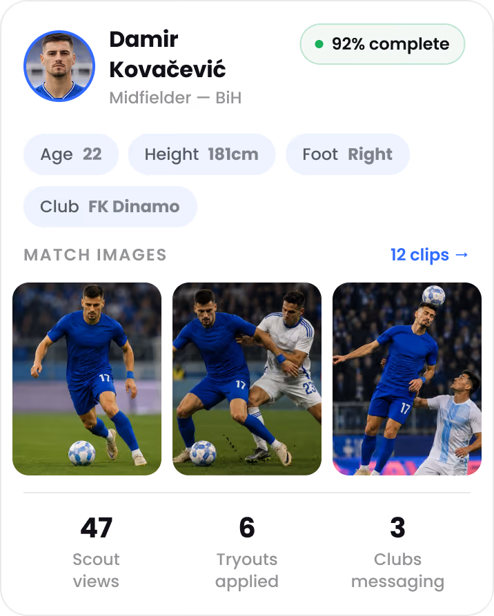 Soccer player profile with photo, age 22, height 181 cm, right foot, FK Dinamo club, and action shots with ball.