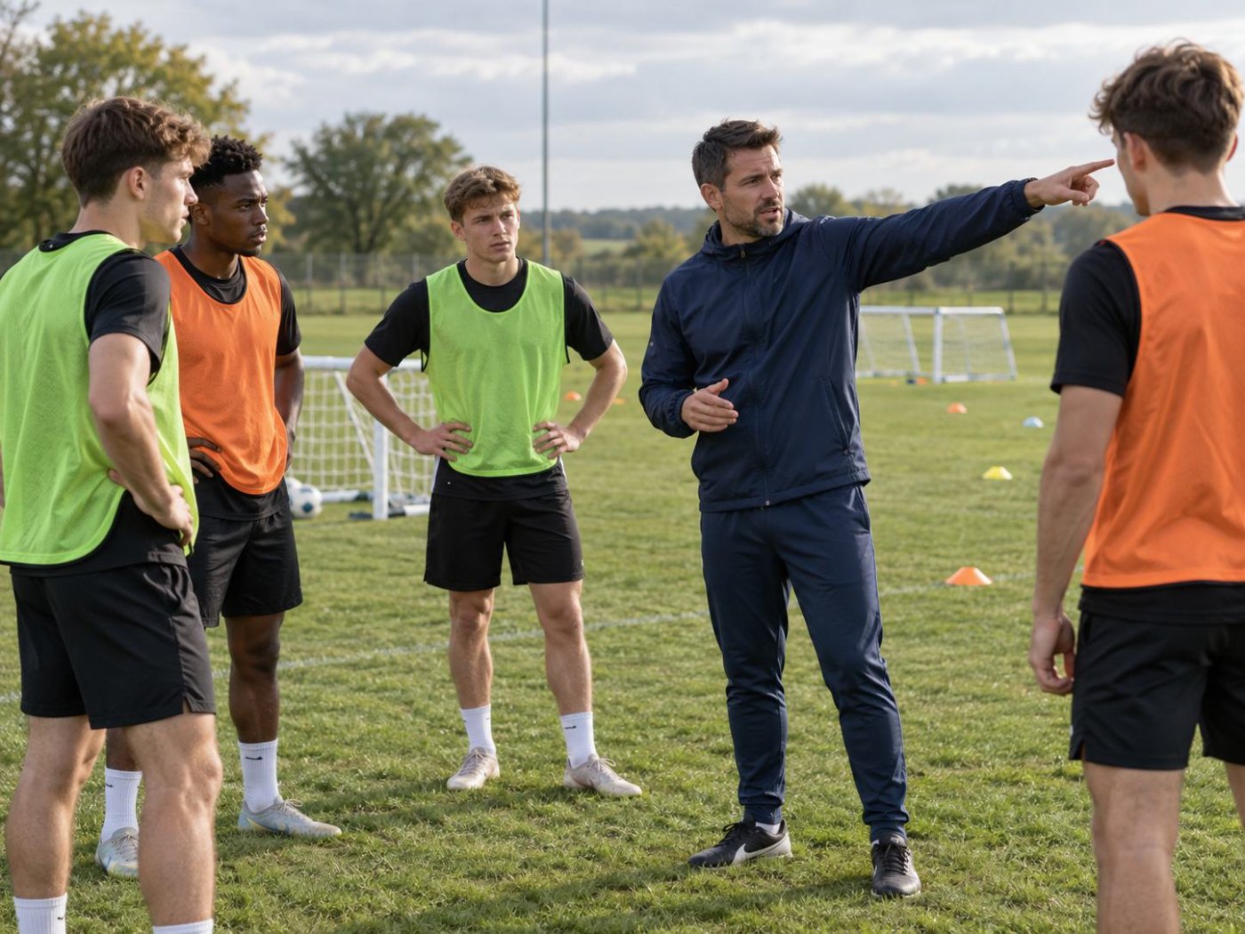 Coach guiding young football players during training