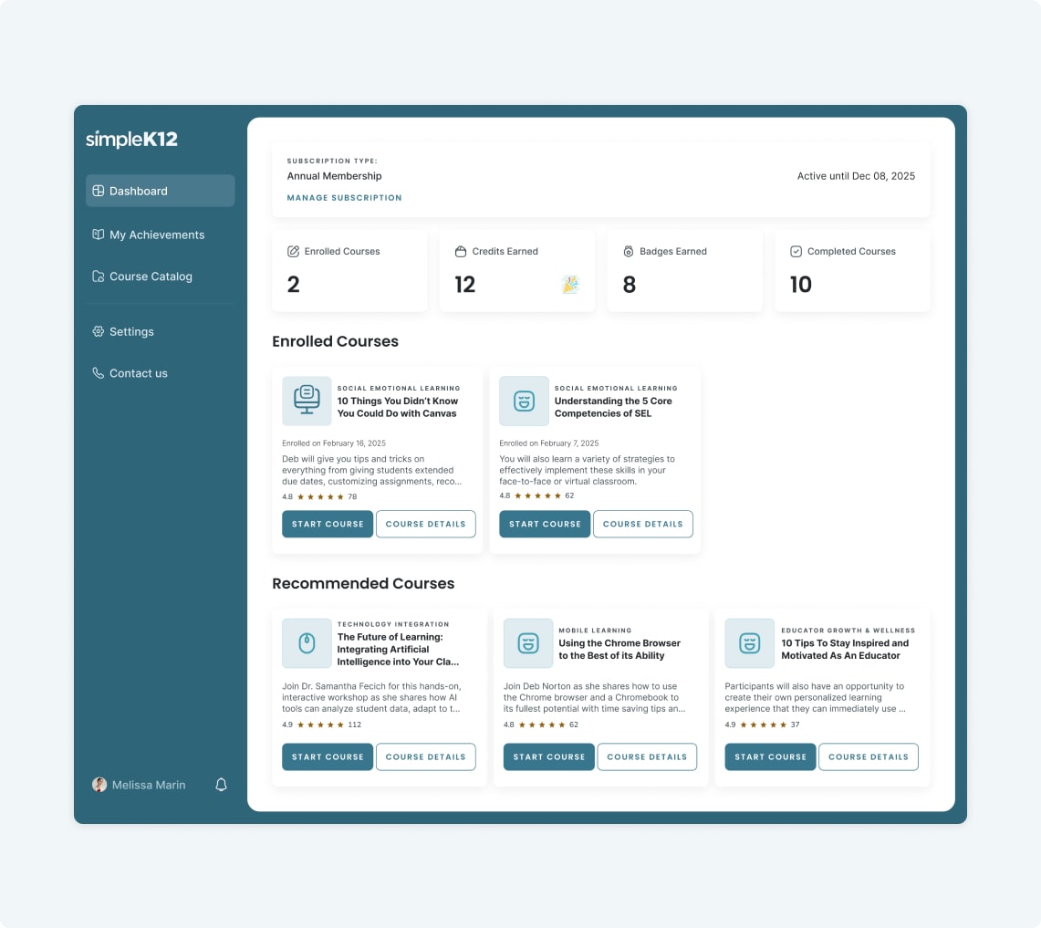 SimpleK12 dashboard of achievements