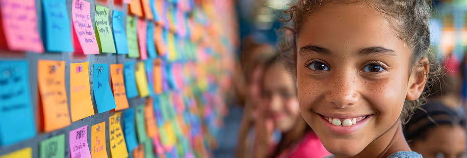 Smiling young girl with freckles in front of a colorful wall covered in sticky notes and children in the background.