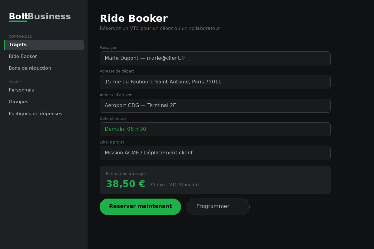 Bolt Ride Booker — réserver un VTC pour un client sans application