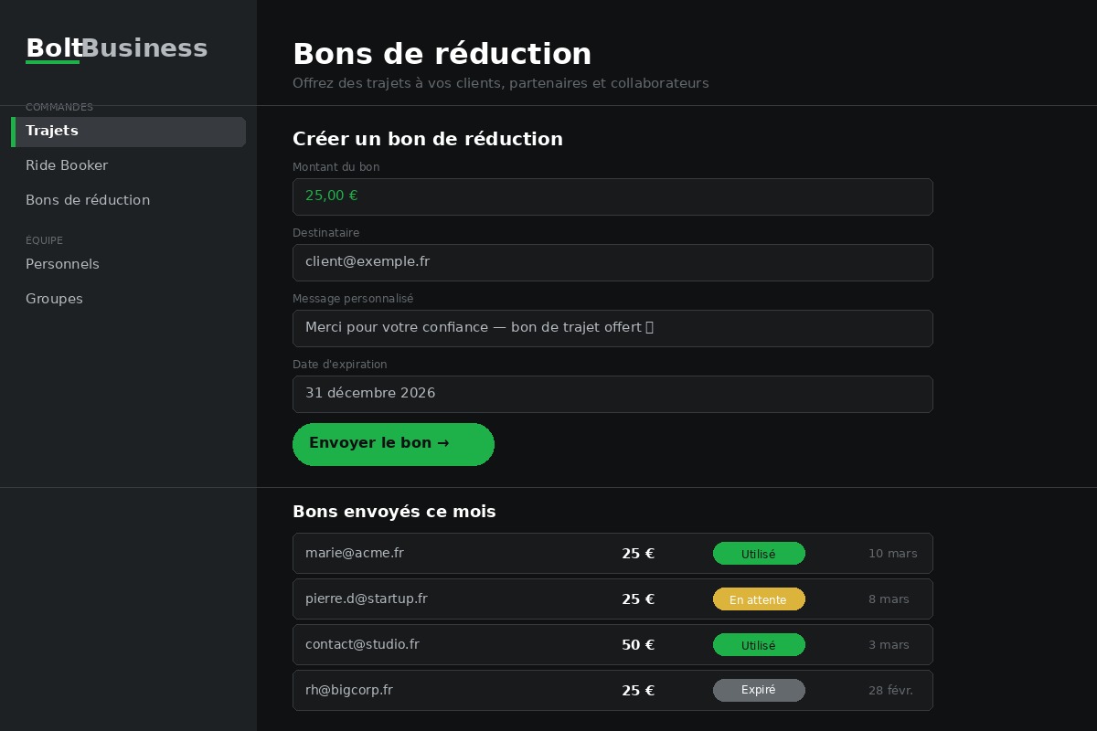Bons de réduction Bolt Business — offrir des trajets à vos clients