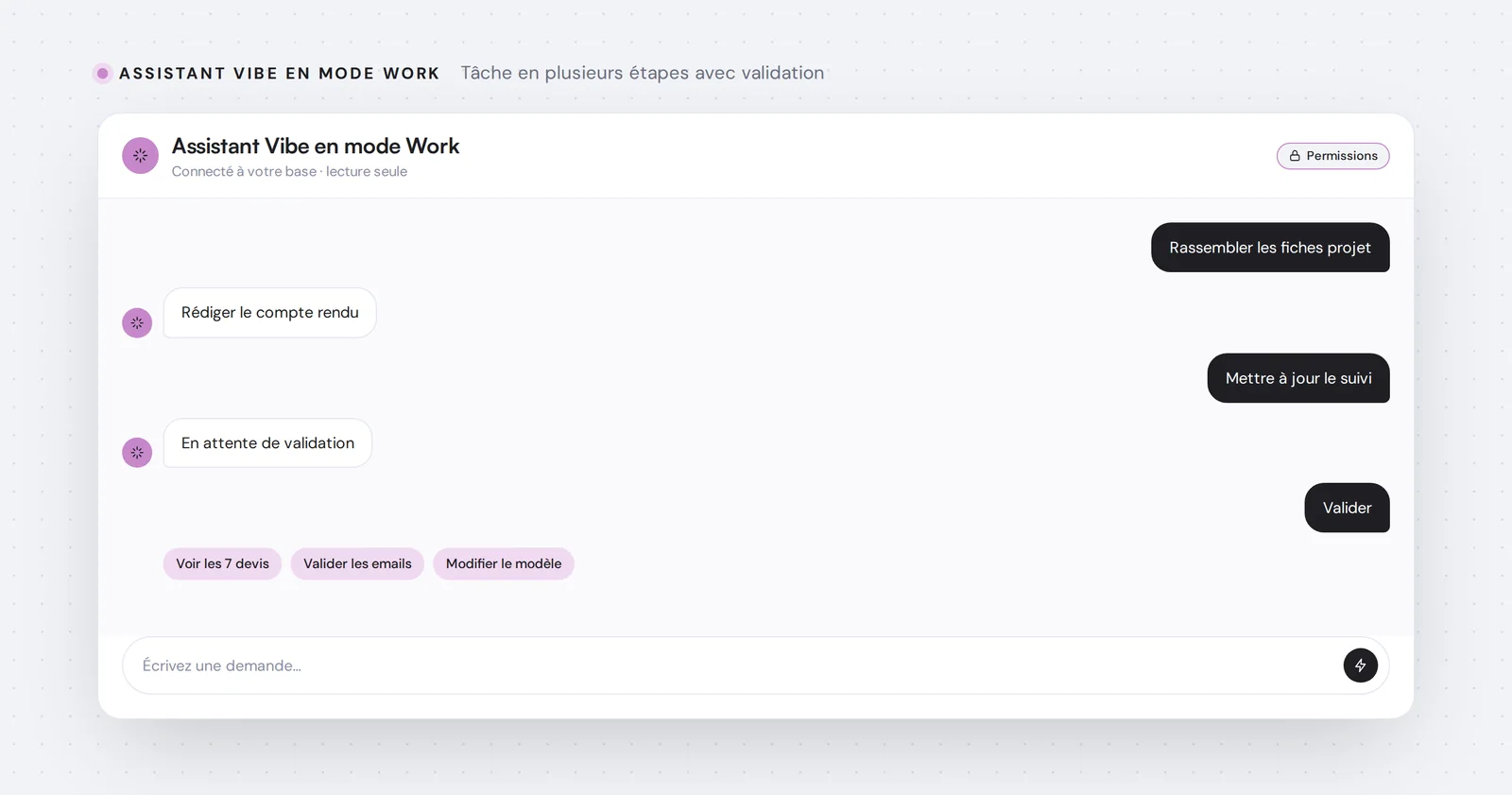 Assistant Vibe en mode Work — Tâche en plusieurs étapes avec validation