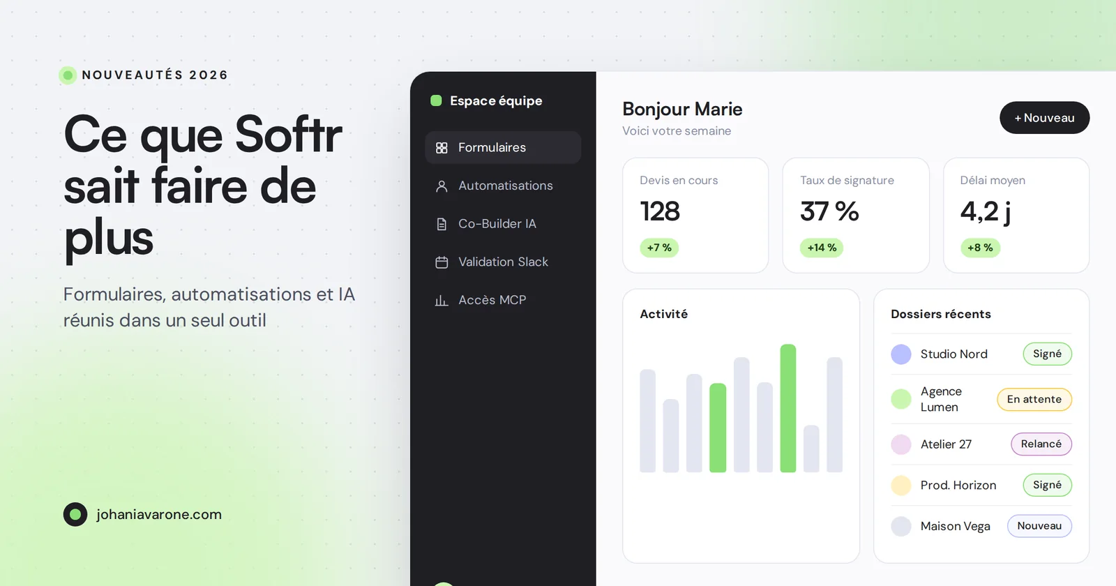 Interface d’application métier générée par IA avec formulaire, tableau de bord et automatisations