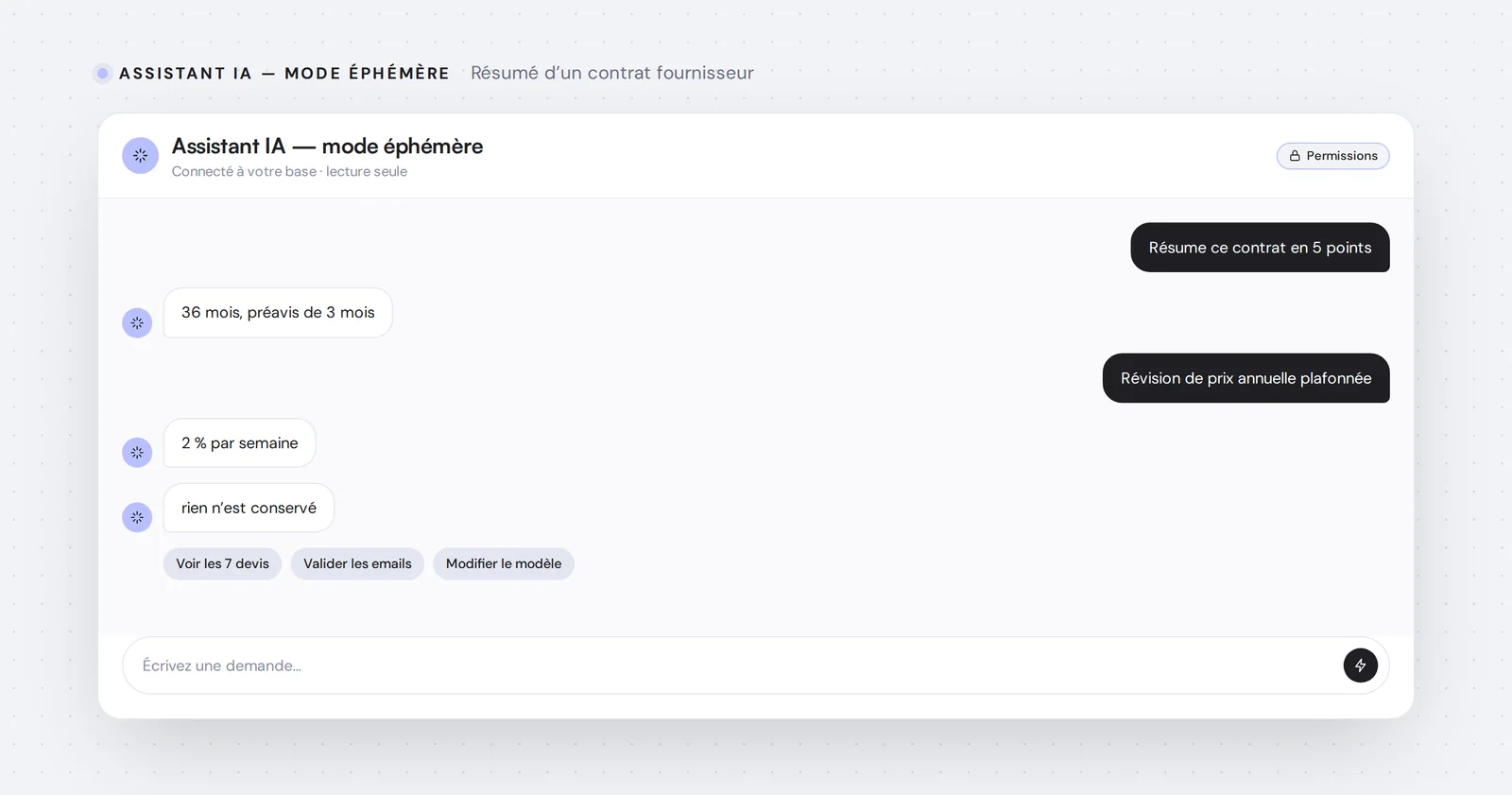 Assistant IA — mode éphémère — Résumé d’un contrat fournisseur