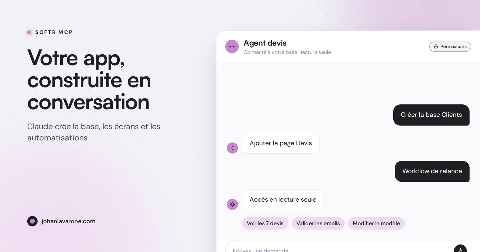Assistant IA conversationnel qui construit une application métier et sa base de données