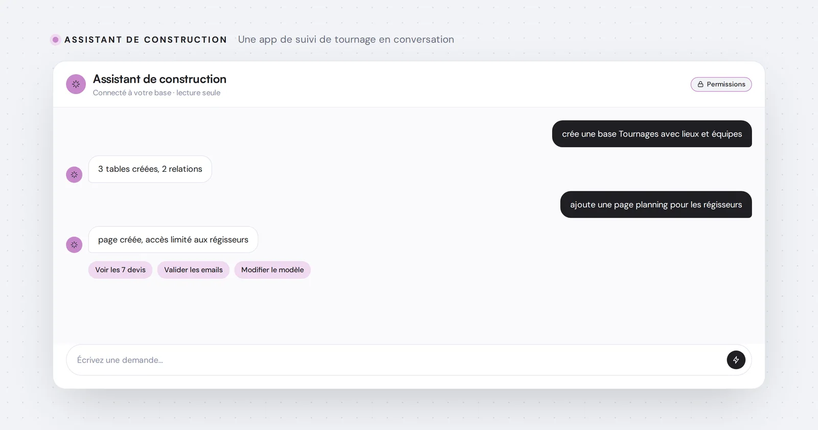 Assistant de construction — Une app de suivi de tournage en conversation