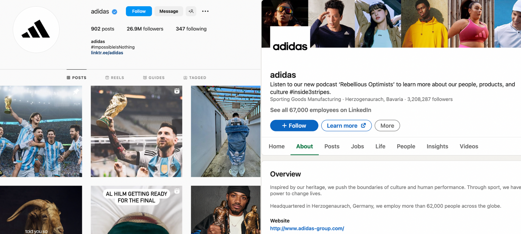 Adidas' Instagram and LinkedIn accounts