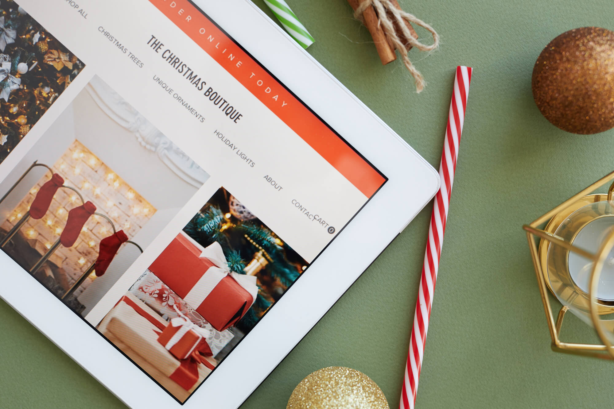 Photo of iPad showing an eCommerce holiday-themed website.