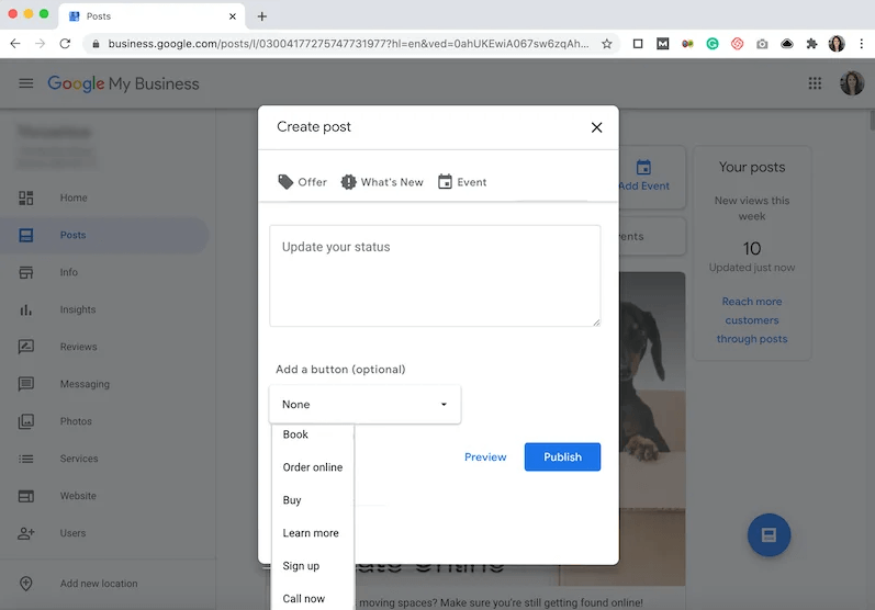 Screenshot of Google My Business "create a post" section. 