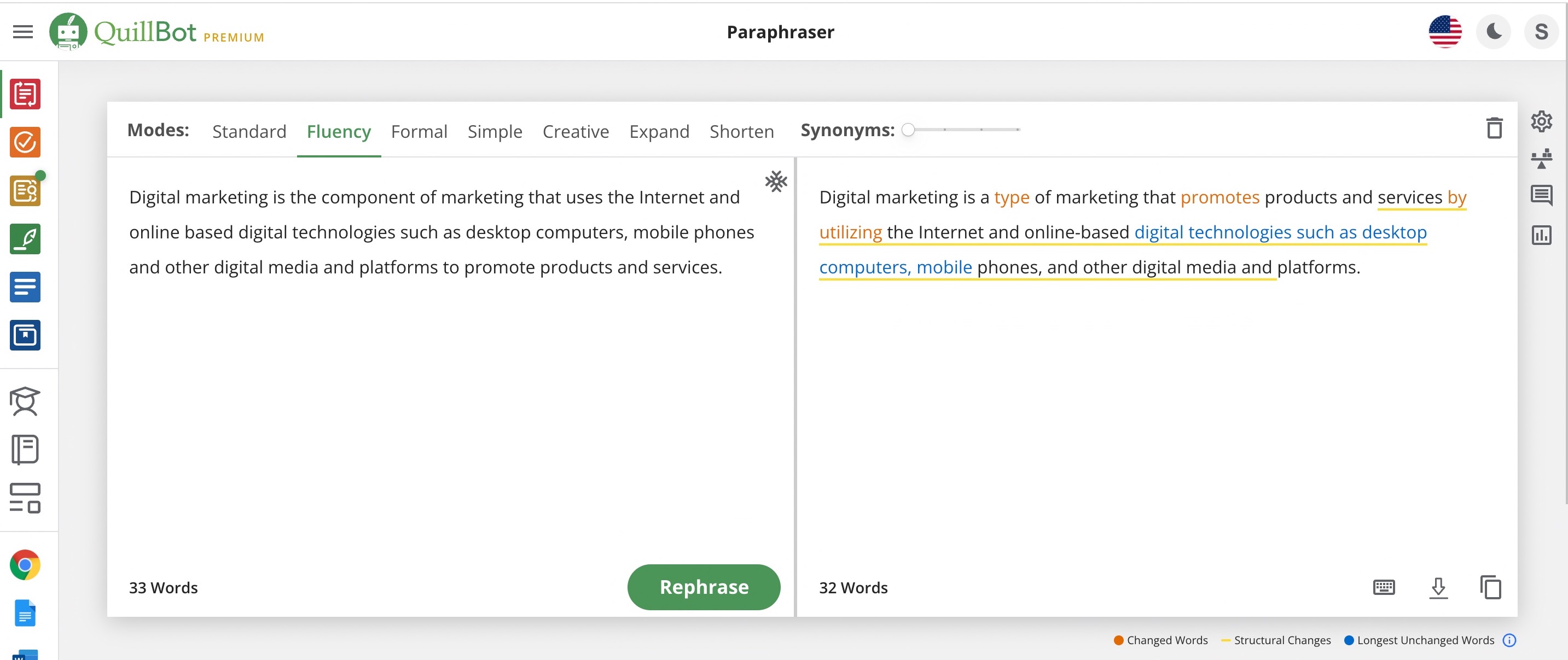 sample quillbot rephrase interface