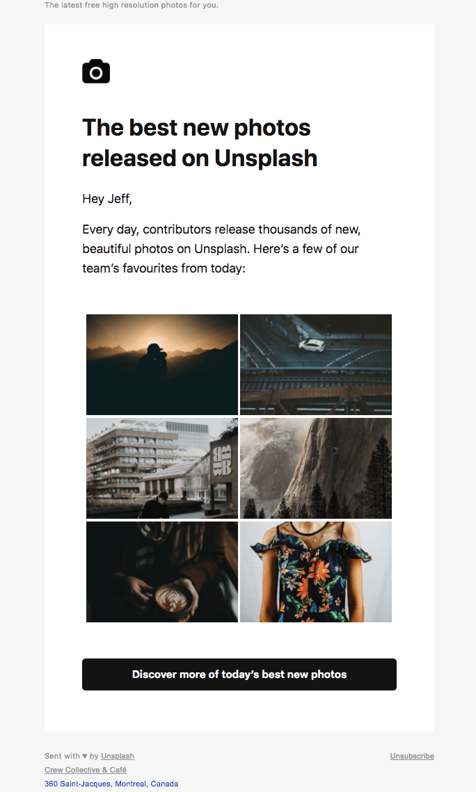 newsletter email from Unsplash