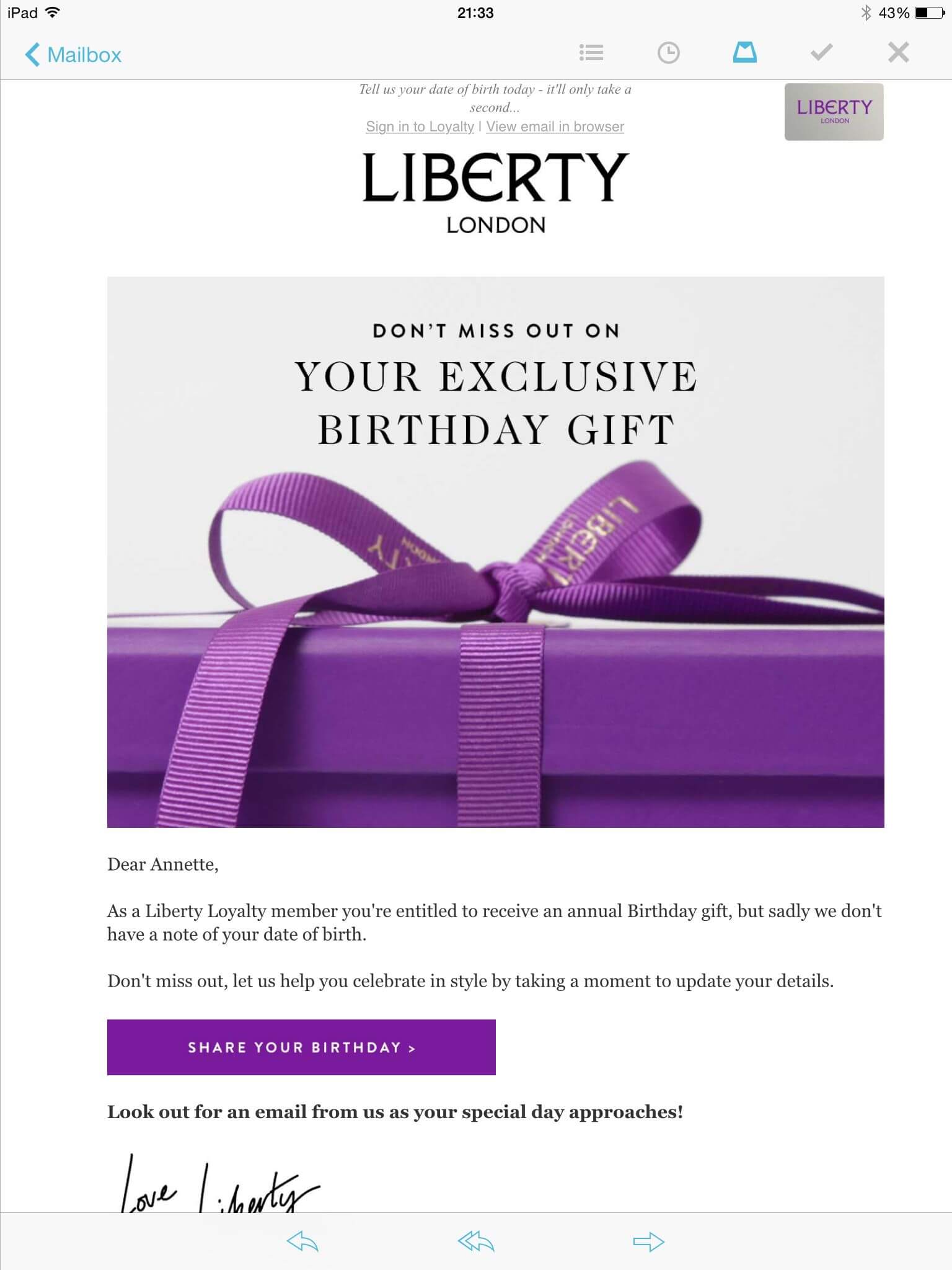 gift email from Liberty London