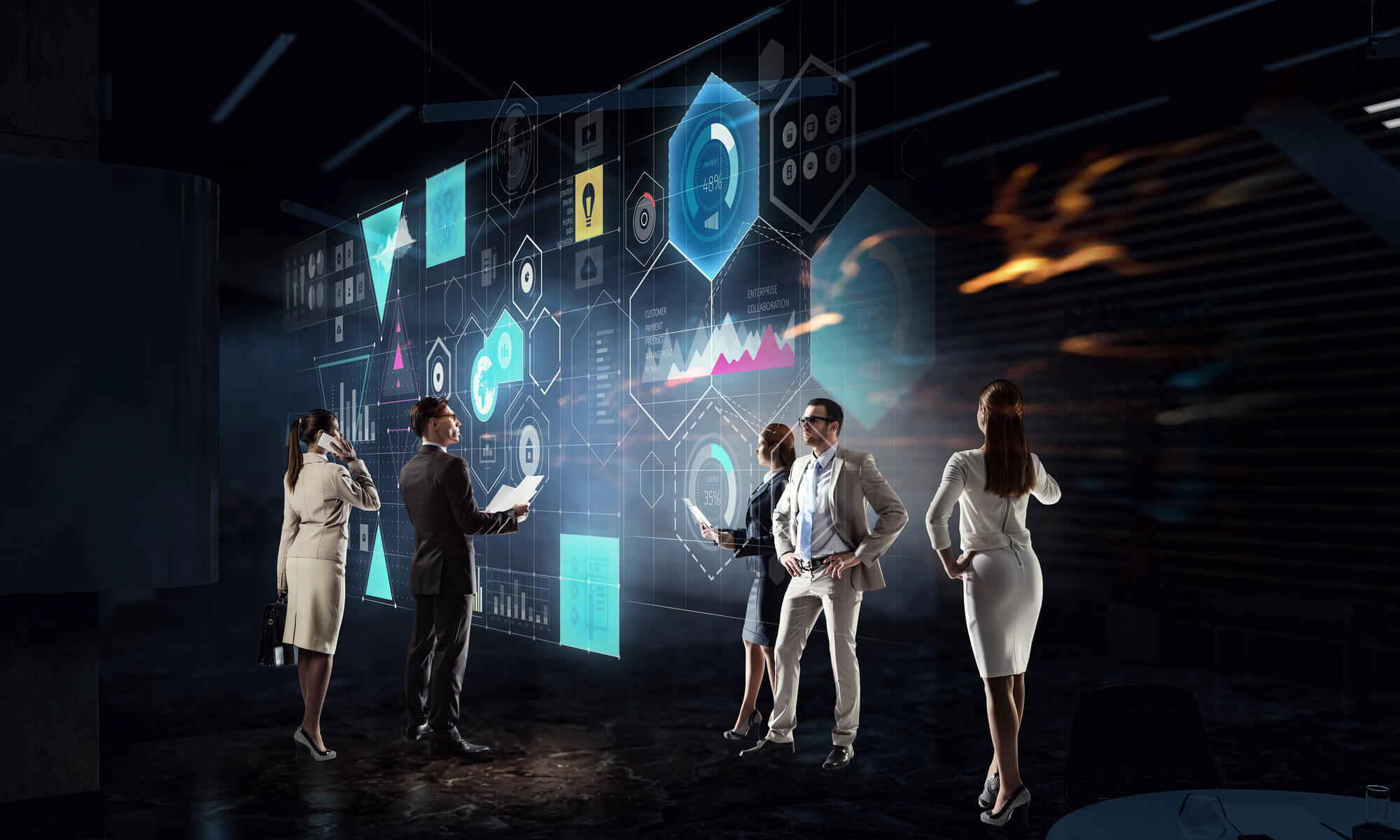 group of professionals analyzing data on a large interactive holographic display in a high-tech environment