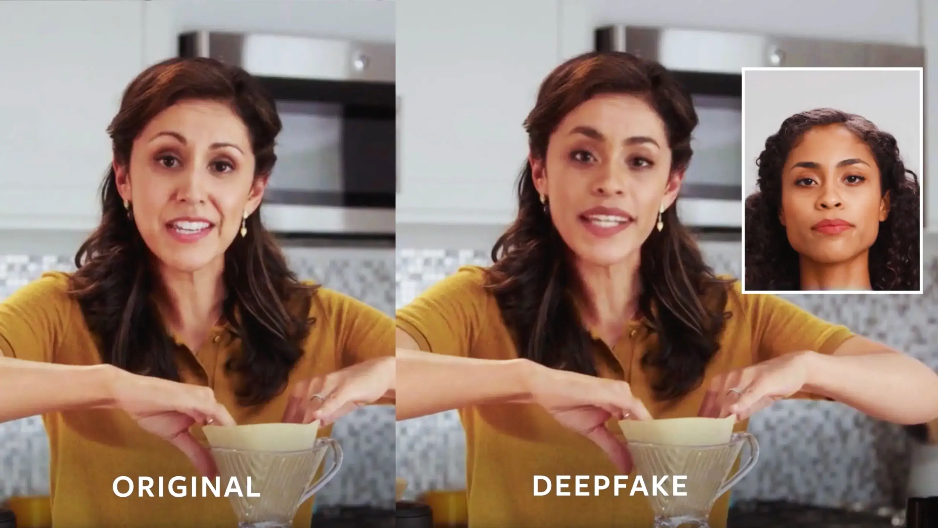 Side-by-side comparison of an original video and a deepfake version showing a woman making coffee