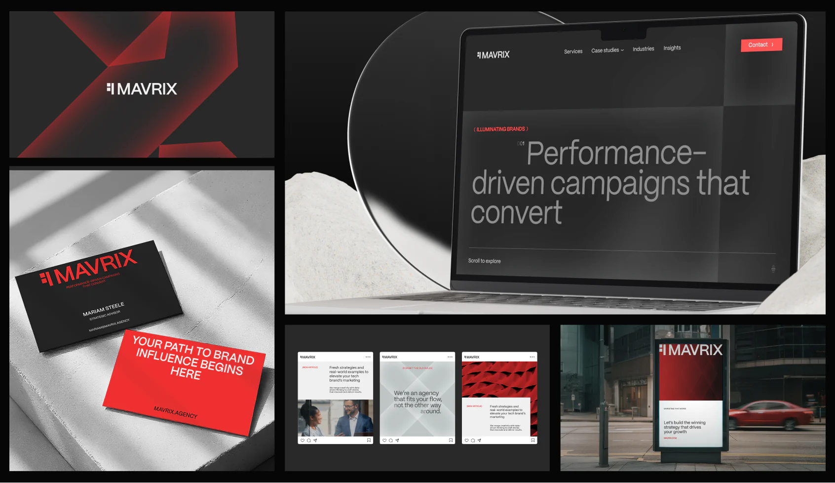 Collage showing MAVRIX branding including logo on red and black backgrounds, business cards with text 'Your path to brand influence begins here,' a laptop screen displaying 'Performance-driven campaigns that convert,' social media posts, and a city bus stop ad with MAVRIX branding.