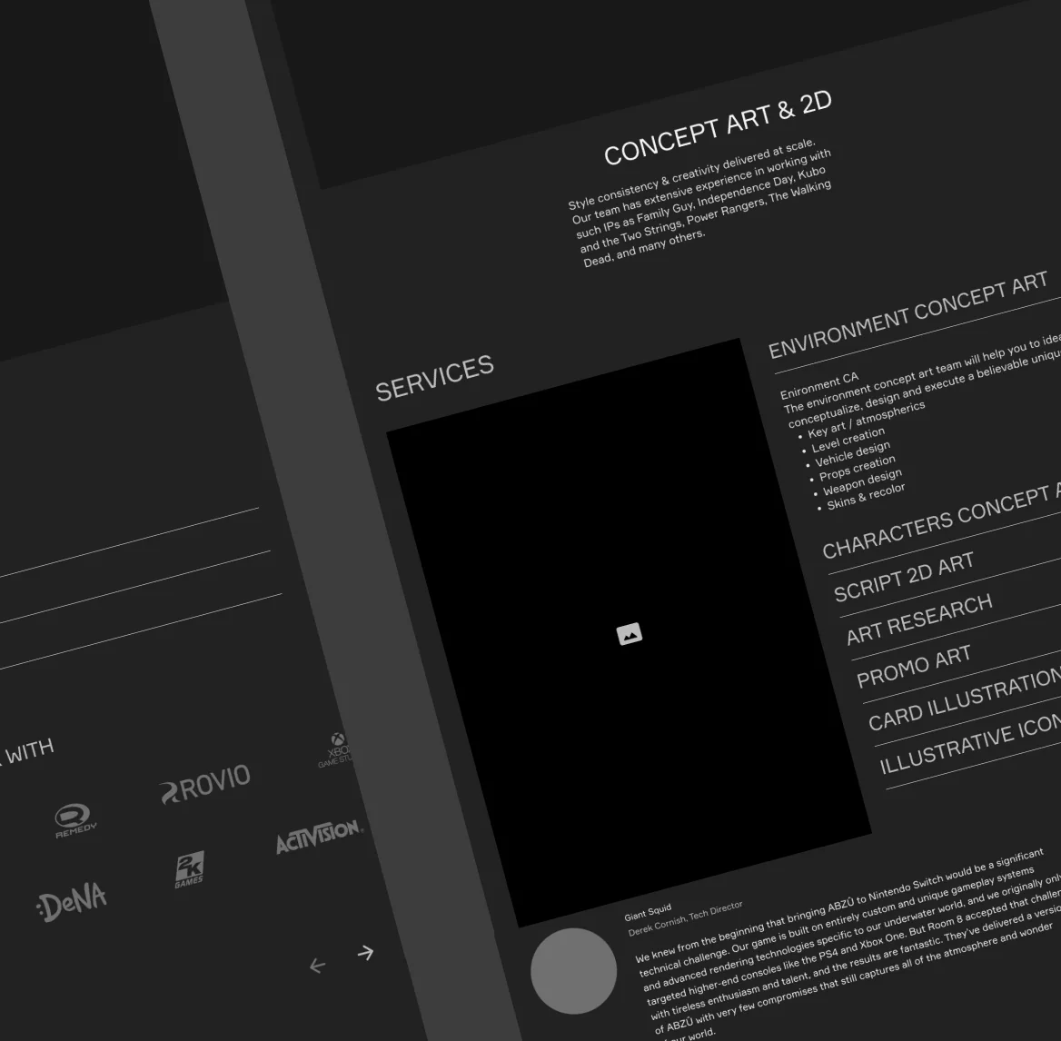 Dark-themed webpage section showing concept art and 2D services with text about environment concept art, characters concept art, and client testimonial from Giant Squid.