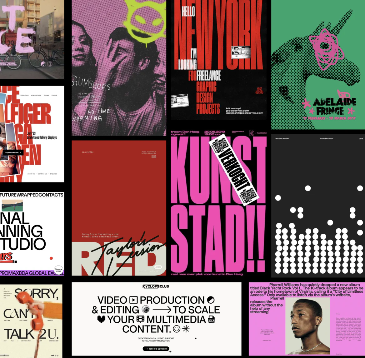 Collage of various graphic design posters featuring bold typography, abstract shapes, and artistic portraits in vibrant colors.