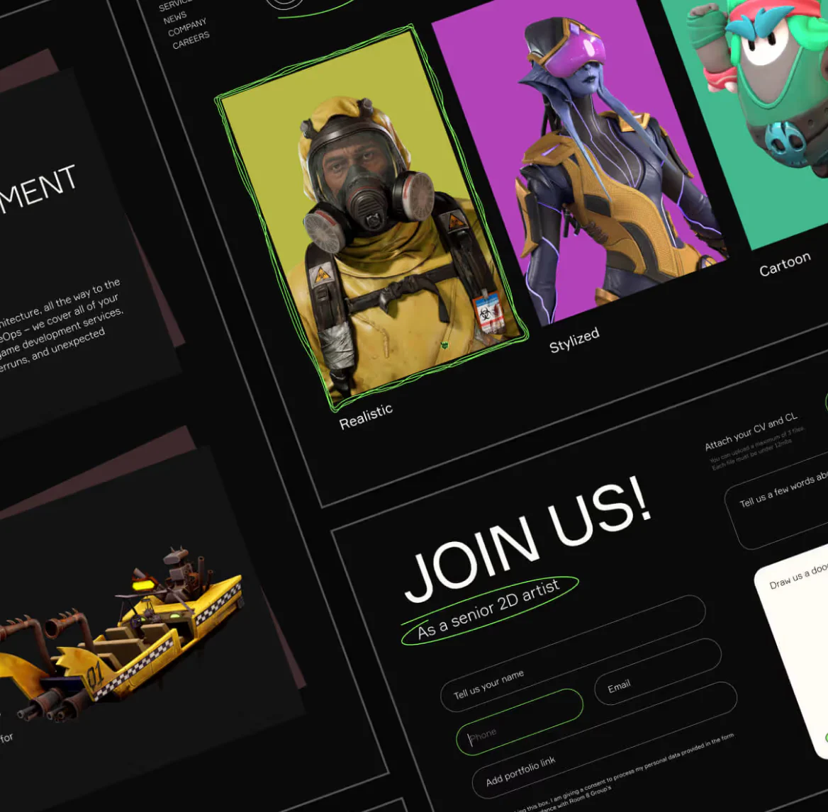 Computer screen displaying a digital art portfolio with categories Realistic, Stylized, and Cartoon, and a recruitment section for a senior 2D artist.