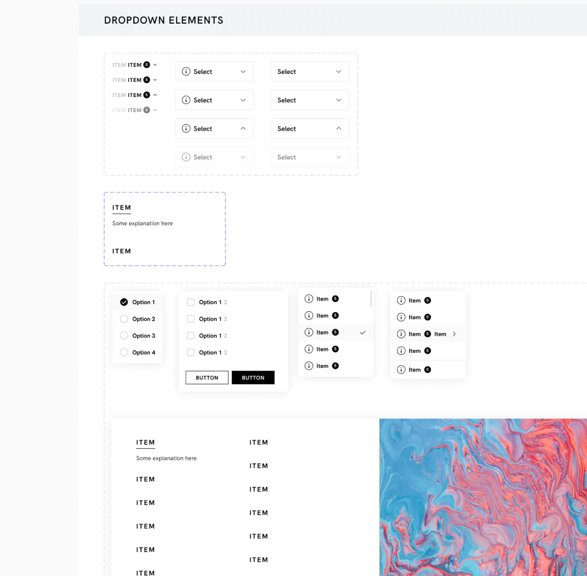User interface showcasing various dropdown elements and options with checkboxes, radio buttons, buttons, and item lists, including sections with highlighted selections and explanatory text.