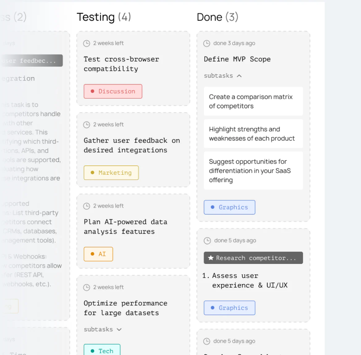 Kanban board showing columns Testing with tasks like Test cross-browser compatibility and Gather user feedback, and Done with tasks including Define MVP Scope and Assess user experience.