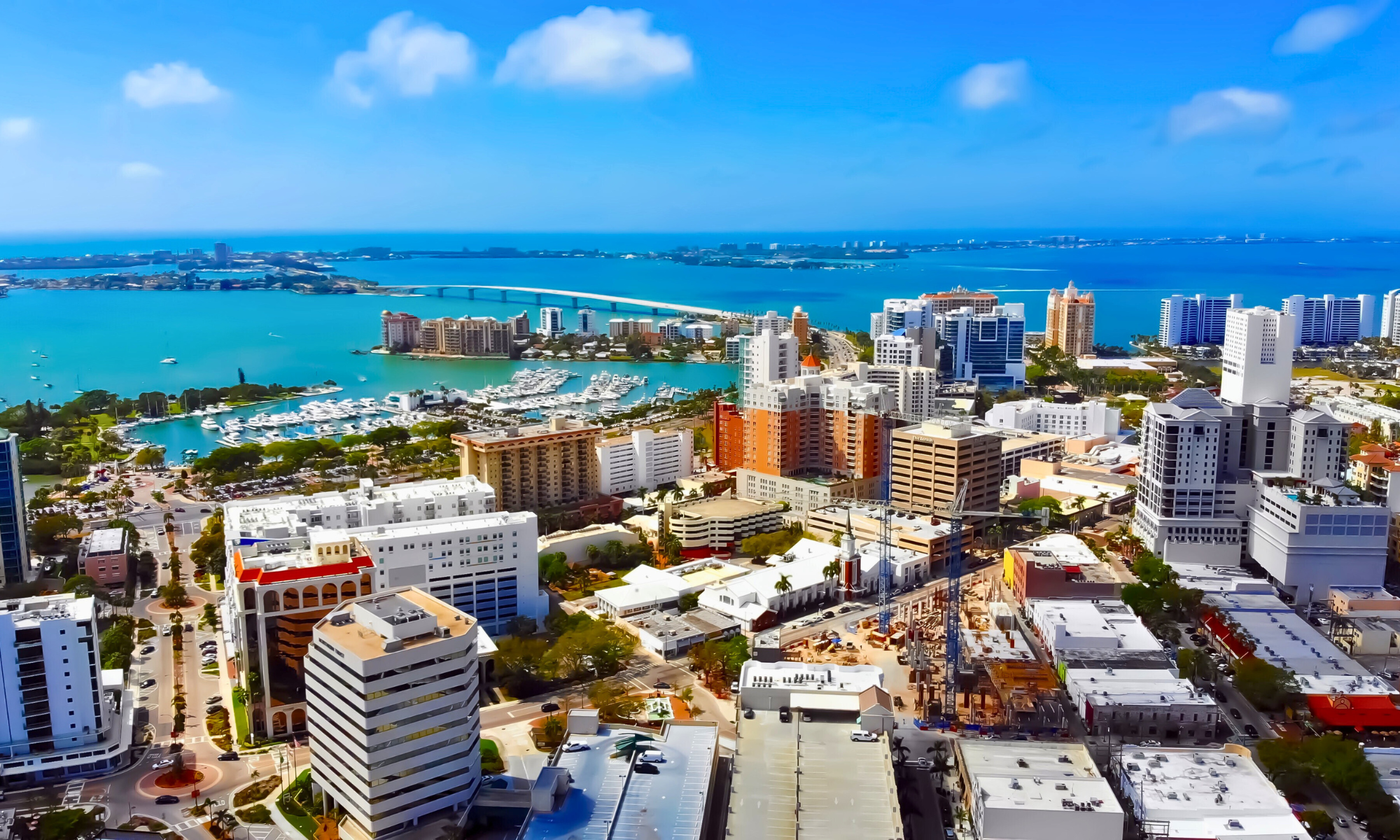 Aerial view of Sarasota, FL, showcasing downtown Sarasota and Bay Areas