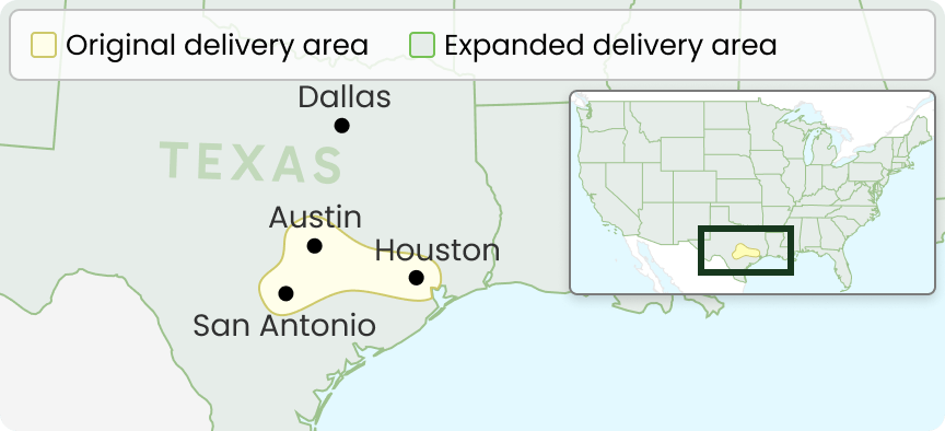 Shipping area expanded from exclusive to central Texas to nationwide shipping across the USA