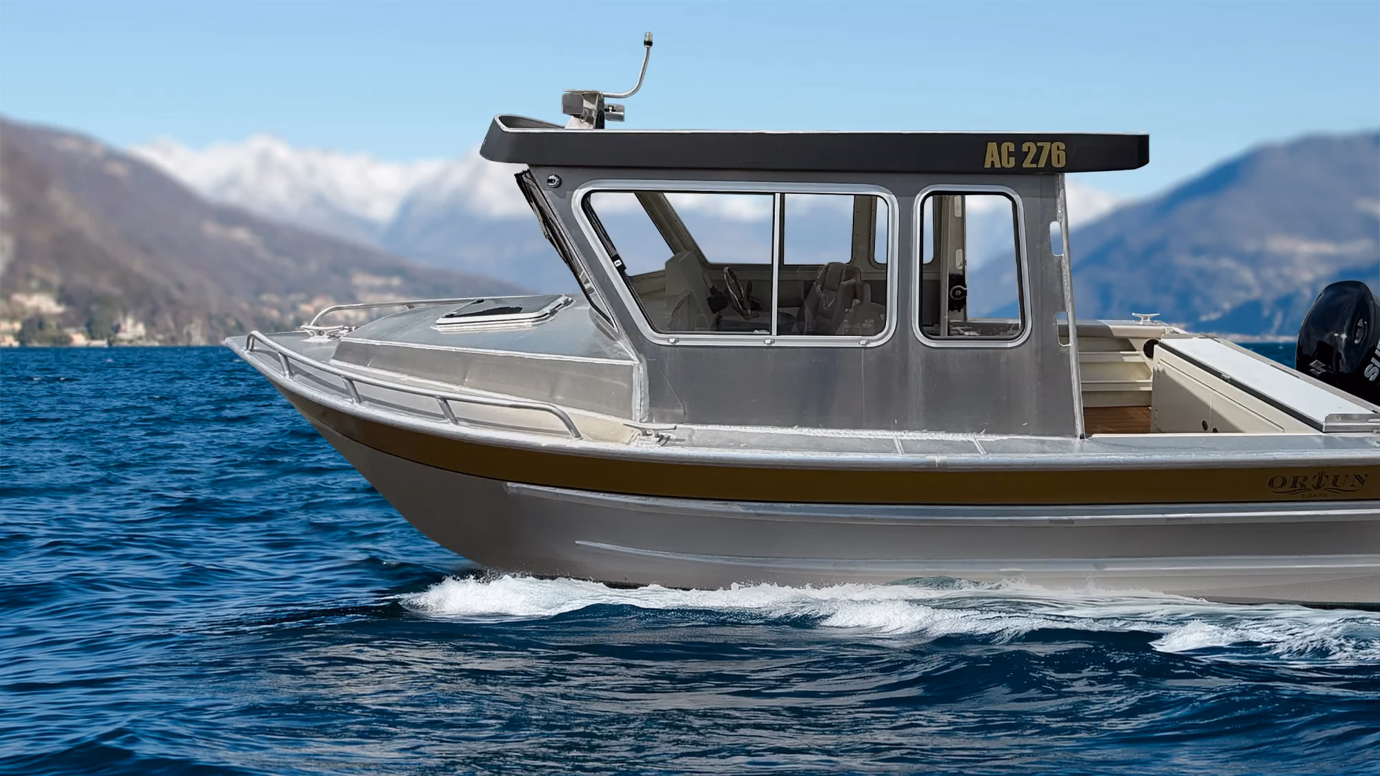 Ortun AC276 aluminum express cruiser for sale by Whiskey Creek Marine, exterior view.