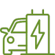 Green icon of an electric vehicle charging with a battery symbol and lightning bolt.