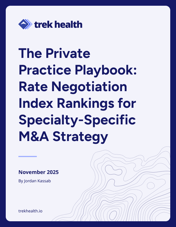 Cover page titled 'The Private Practice Playbook: Rate Negotiation Index Rankings for Specialty-Specific M&A Strategy' by Jordan Kassab, dated November 2025, with trek health logo and a contour map design on a light background.