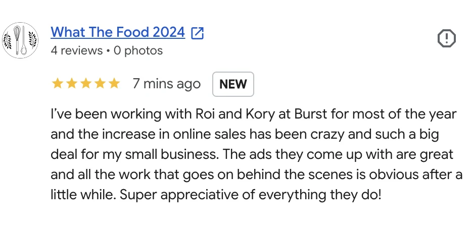 What The Food's 5 star Google review of Burst Digital