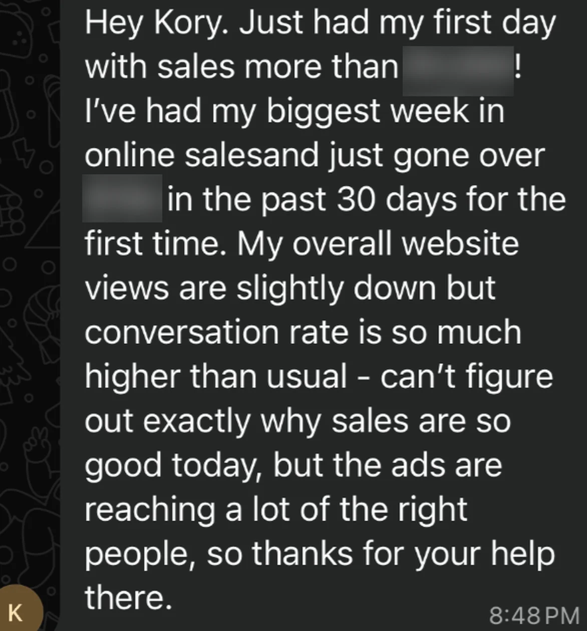Message from What The Food about their biggest week of online sales