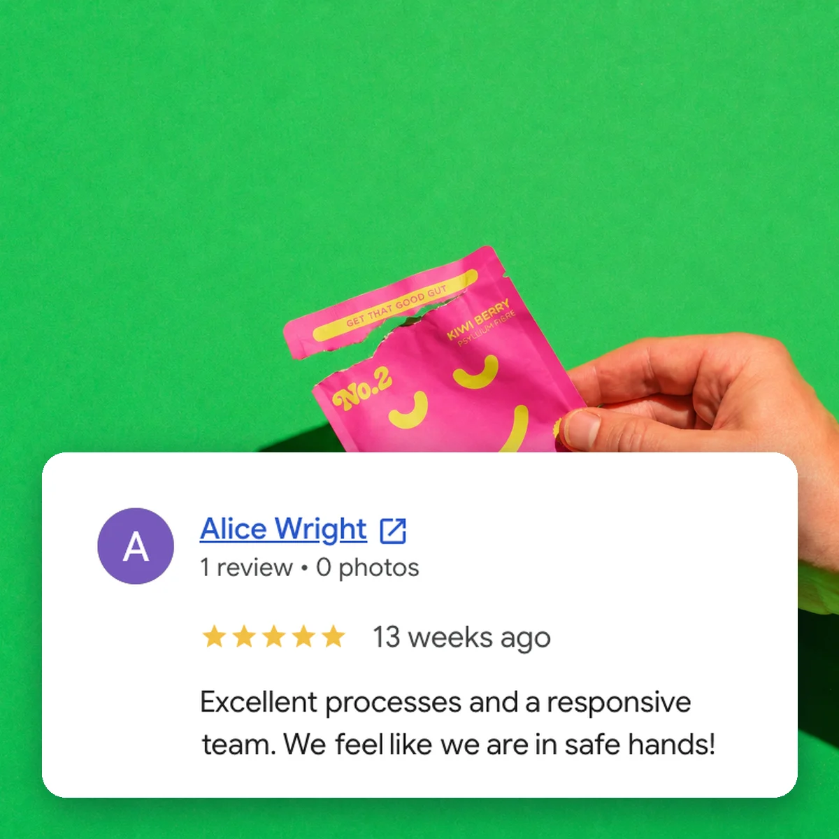 Alice Wright's 5 star Google review of Burst Digital, over a No.2 sachet