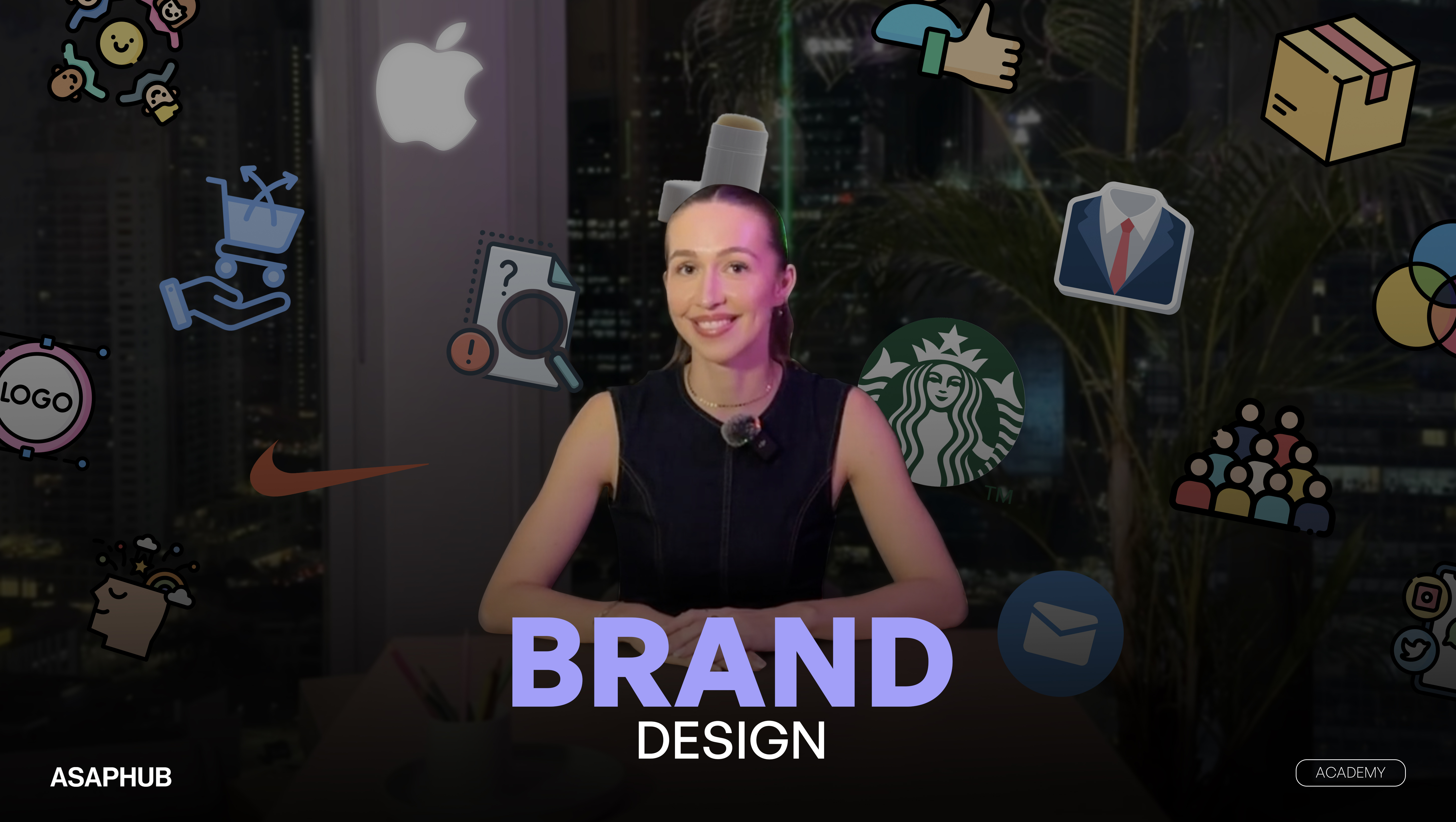 Brand Design course instructor at ASAP Hub Academy teaching logo creation, visual identity, color psychology, and brand strategy using iconic branding examples.